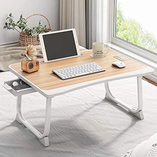 Tarkan Portable Folding Laptop Desk for Bed, Lapdesk with Handle, Drawer, Cup and Mobile Tablet Holder for Study, Eating, Work (Beige)