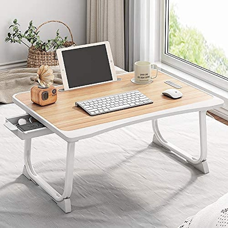 Tarkan Portable Folding Laptop Desk for Bed, Lapdesk with Handle, Drawer, Cup and Mobile Tablet Holder for Study, Eating, Work (Beige)