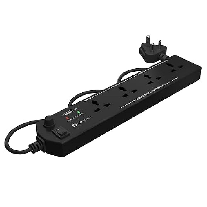 Portronics Power Plate 6 with 4 USB Port + 5 Power Sockets Extension Board, 2500W Power Converter, Cord Length 3Mtr (Black)