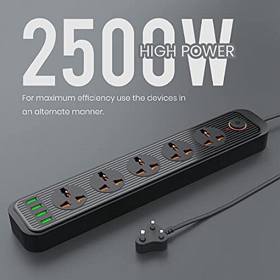 Portronics Power Plate 6 with 4 USB Port + 5 Power Sockets Extension Board, 2500W Power Converter, Cord Length 3Mtr (Black)