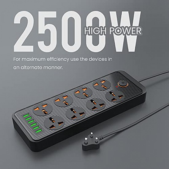 Portronics Power Plate 6 with 4 USB Port + 5 Power Sockets Extension Board, 2500W Power Converter, Cord Length 3Mtr (Black)