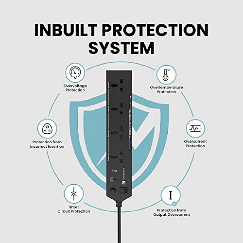 Portronics Power Plate 7 with 6 USB Port + 8 Power Sockets Smart Electric Universal Extension Board Multi Plug with 2500W, 3Mtr Cord Length, 2.1A USB Output(Black)