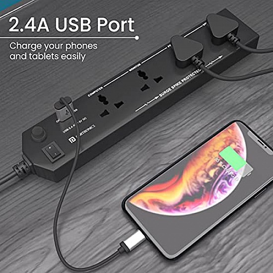 Portronics Power Plate 7 with 6 USB Port + 8 Power Sockets Smart Electric Universal Extension Board Multi Plug with 2500W, 3Mtr Cord Length, 2.1A USB Output(Black)