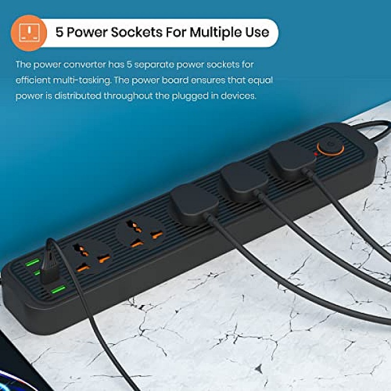 Portronics Power Plate 7 with 6 USB Port + 8 Power Sockets Smart Electric Universal Extension Board Multi Plug with 2500W, 3Mtr Cord Length, 2.1A USB Output(Black)