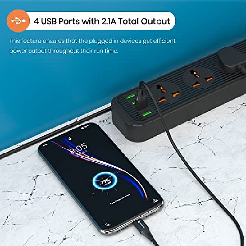 Portronics Power Plate 7 with 6 USB Port + 8 Power Sockets Smart Electric Universal Extension Board Multi Plug with 2500W, 3Mtr Cord Length, 2.1A USB Output(Black)