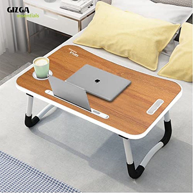 Gizga Essentials Stylish Multi-Purpose Portable Laptop Table, Foldable Wooden Desk for Bed Tan