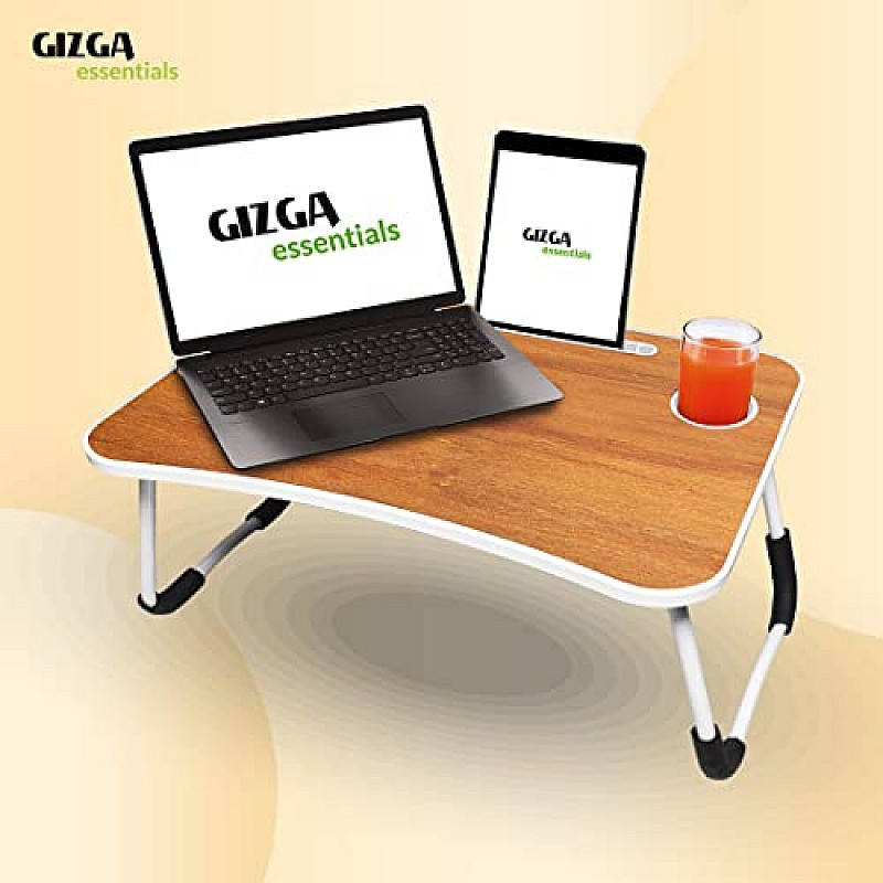 Gizga Essentials Stylish Multi-Purpose Portable Laptop Table, Foldable Wooden Desk for Bed Tan