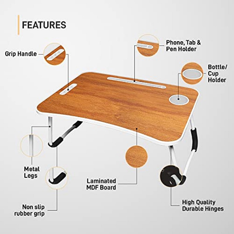 Gizga Essentials Stylish Multi-Purpose Portable Laptop Table, Foldable Wooden Desk for Bed Tan