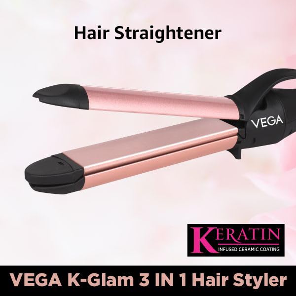 VEGA K-Glam Advanced 3 In 1 Hair Styler With Adjustable Temperature Straightener (VHSCC-04) Rose Gold VEGA K-Glam Advanced 3 In 1 Hair Styler With Adjustable Temperature Straightener (VHSCC-04) Rose Gold