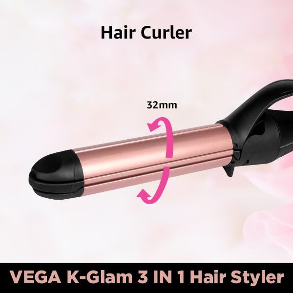 VEGA K-Glam Advanced 3 In 1 Hair Styler With Adjustable Temperature Straightener (VHSCC-04) Rose Gold VEGA K-Glam Advanced 3 In 1 Hair Styler With Adjustable Temperature Straightener (VHSCC-04) Rose Gold