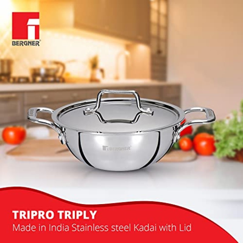 Bergner TriPro TriPly 24 cm Deep Kadai, 3.1 L Capacity, Stainless Steel Lid, For Curry