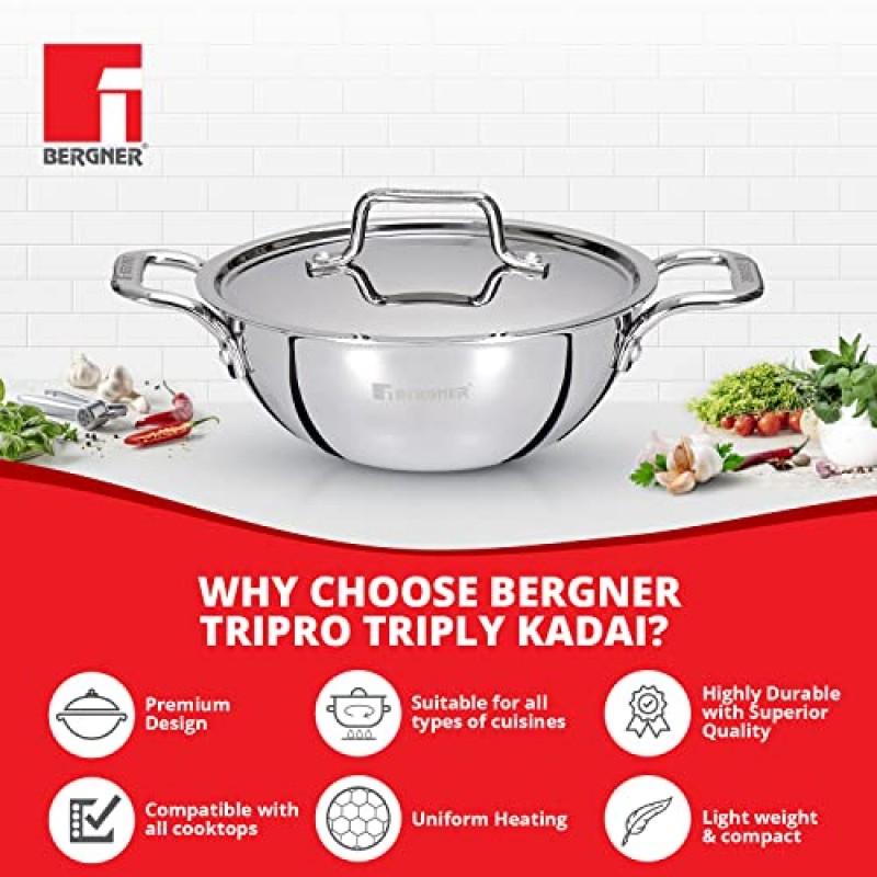 Bergner TriPro TriPly 24 cm Deep Kadai, 3.1 L Capacity, Stainless Steel Lid, For Curry