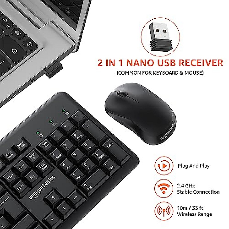 Amazon Basics Wireless Keyboard and Mouse Combo for Windows, 2.4 GHz Wireless, Spill-Resistant Design, 8 Multimedia  (Black)