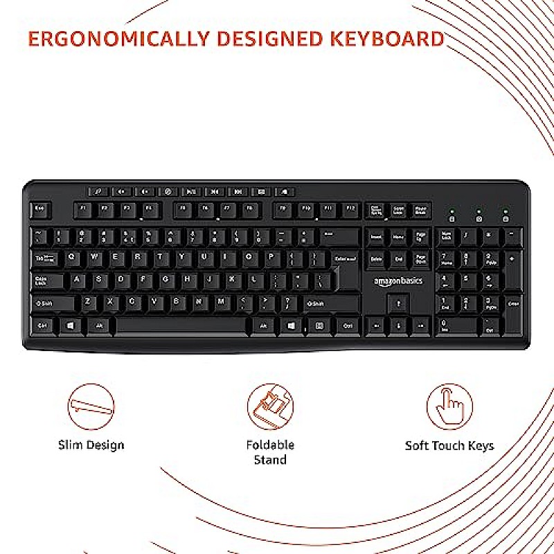 Amazon Basics Wireless Keyboard and Mouse Combo for Windows, 2.4 GHz Wireless, Spill-Resistant Design, 8 Multimedia  (Black)