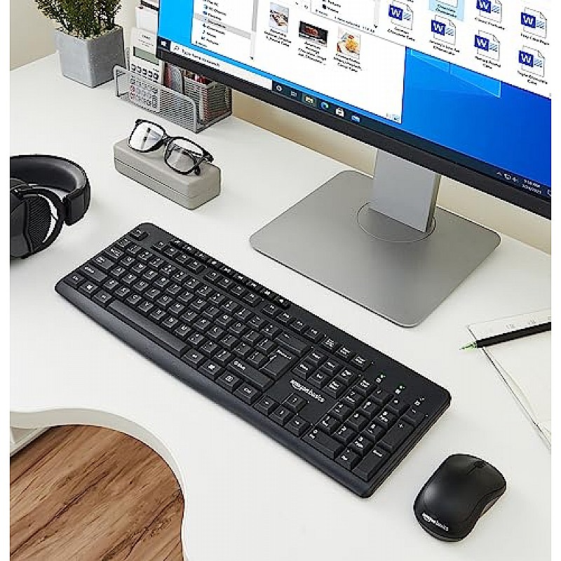 Amazon Basics Wireless Keyboard and Mouse Combo for Windows, 2.4 GHz Wireless, Spill-Resistant Design, 8 Multimedia  (Black)