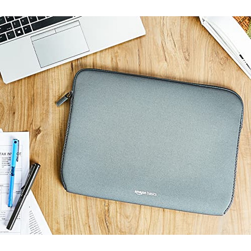 AmazonBasics Laptop Sleeve Case Cover Pouch for 14/35.5 cm Laptop for Men and Women Slim Profile Neoprene, Soft Puffy (Grey)