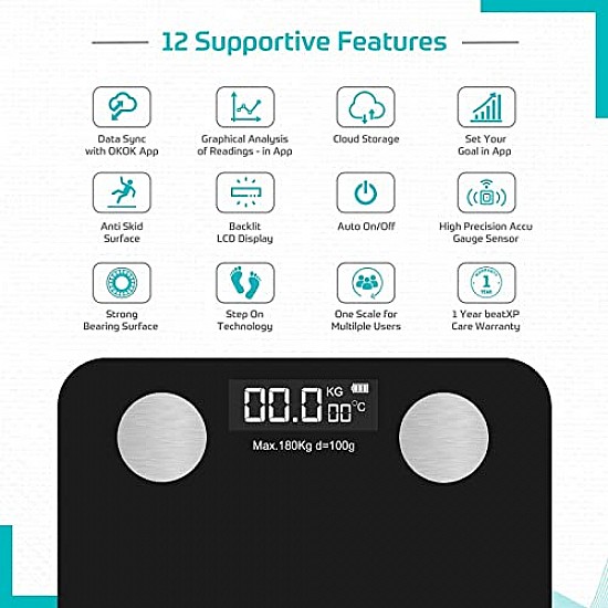 beatXP Smart Bluetooth BMI Weight Machine for Body Weight with 12 Essential Body Parameters