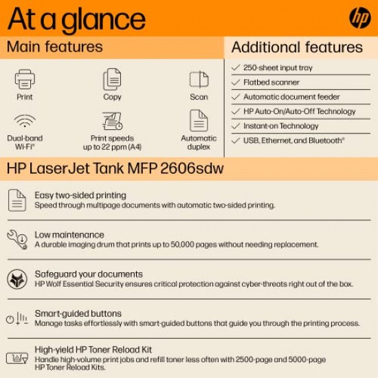 HP Laserjet Tank 2606sdw Duplex Printer with ADF Print+Copy+Scan, Lowest Cost/Page - B&W Prints, Easy 15 Sec Toner Refill, Dual Band Wi-Fi