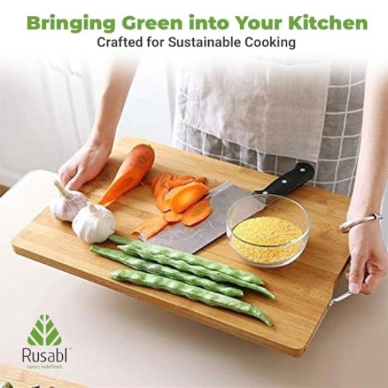 Rusabl Bamboo Wooden Chopping Board for Kitchen with Metal Handle, Vegetable Cutting Board