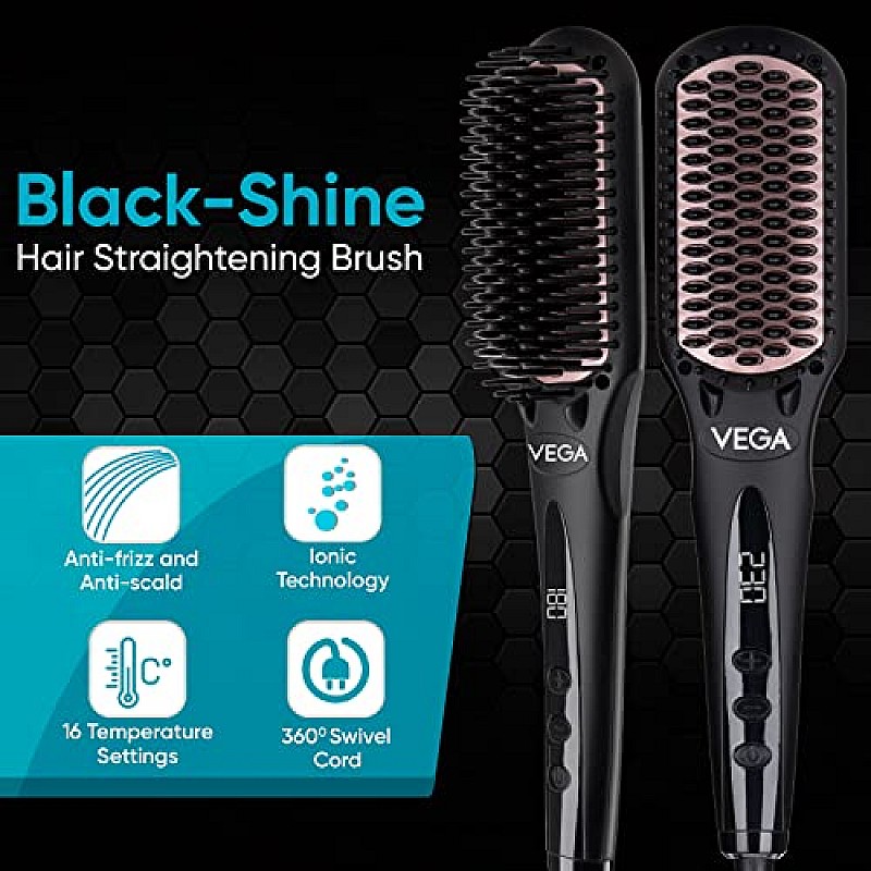 Vega Hair Straightener Brush with Ionic  Thermoprotect Technology and 16 Temperature Settings, VHSB-04 Black