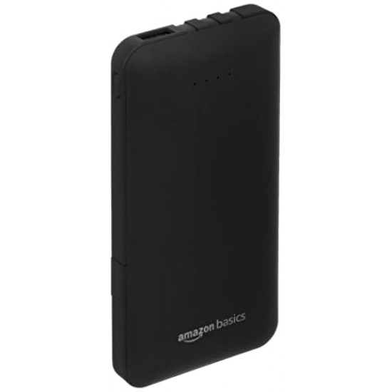 Amazon Basics 10000mAH Lithium Polymer Power Bank 3 Charging Cables Included Four Way Output Black