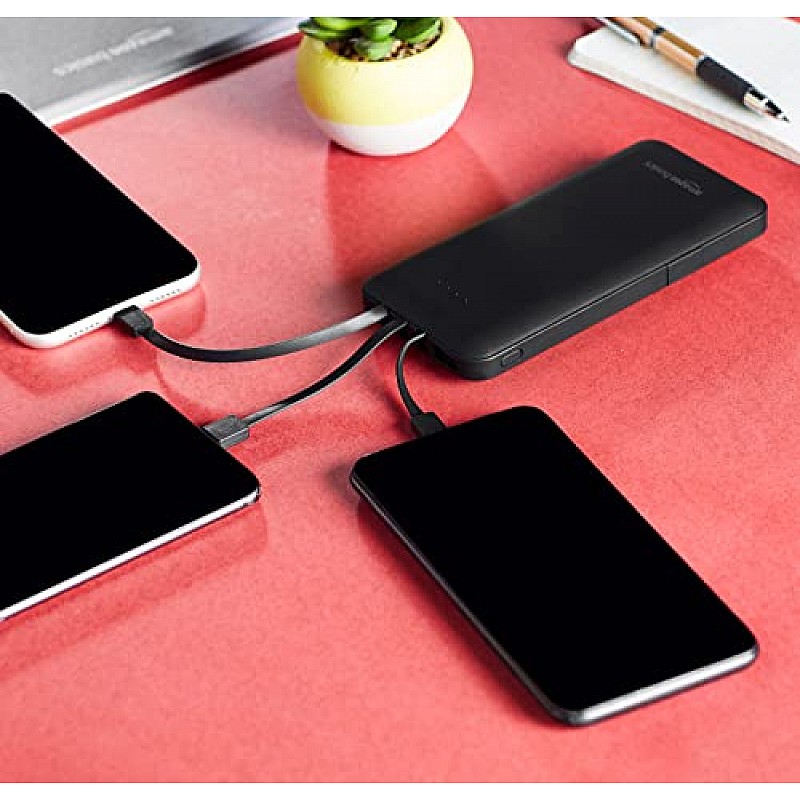 Amazon Basics 10000mAH Lithium Polymer Power Bank 3 Charging Cables Included Four Way Output Black