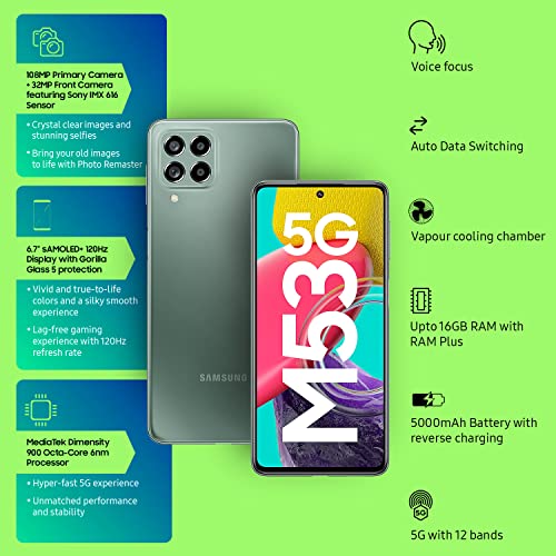 Samsung Galaxy M53 5G (Mystique Green, 6GB, 128GB Storage) 108MP sAmoled+ 120Hz 16GB RAM with RAM Plus Without Charger Samsung Galaxy M53 5G (Mystique Green, 6GB, 128GB Storage) 108MP sAmoled+ 120Hz 16GB RAM with RAM Plus Without Charger