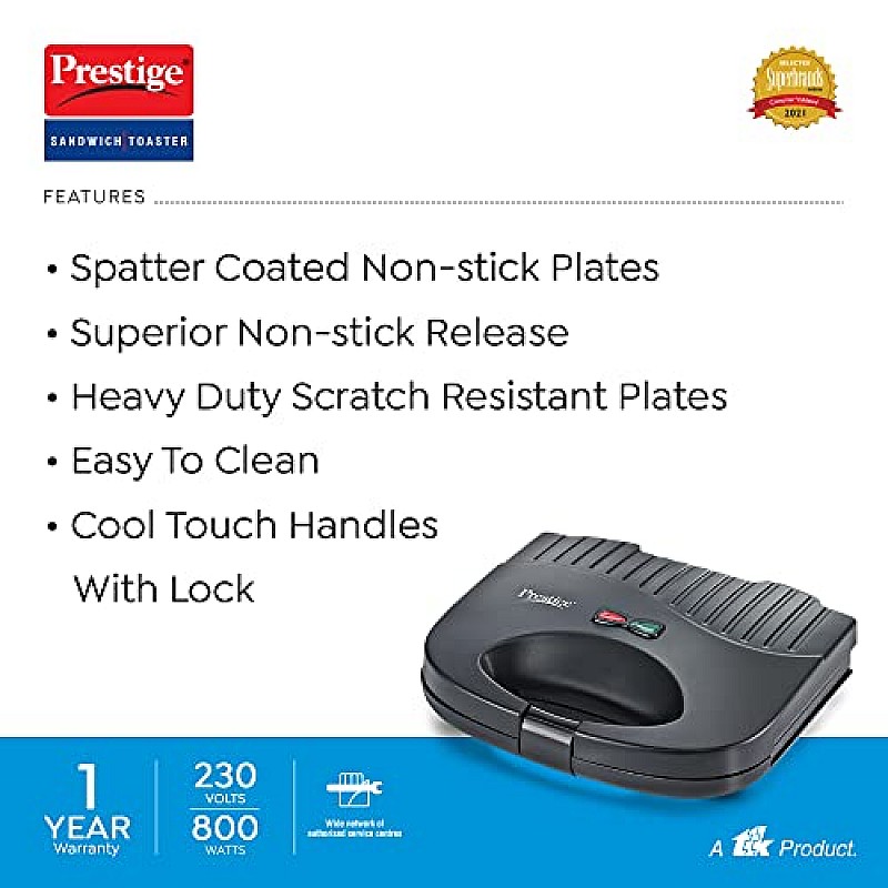 Prestige PSFSP - Spatter Coated Non-stick Sandwich Toasters With fixed Sandwich Plates, Black