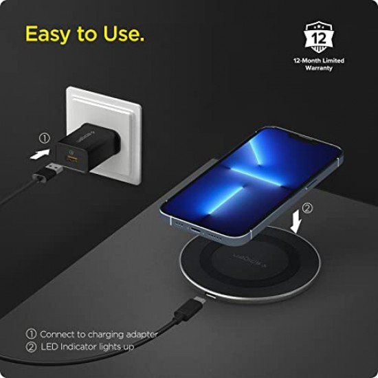 Spigen Essential Wireless Charger for iPhone 14/13/12/11/X.8 Series, Samsung Galaxy S23/S22/S21/S20 - Black