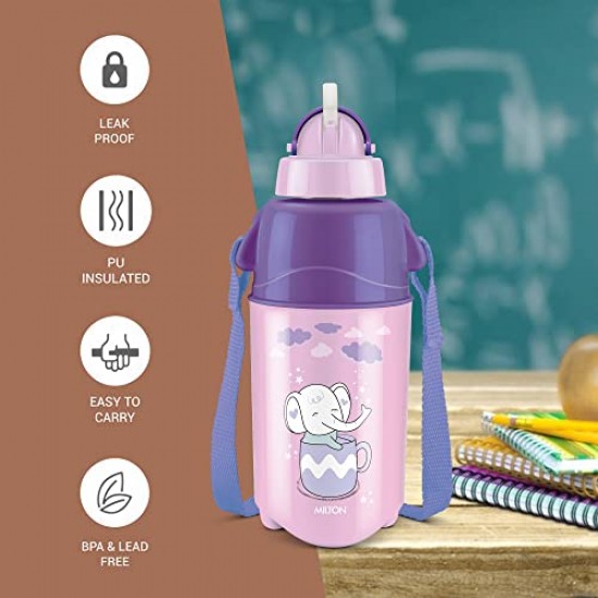 Milton Kool Trendy 500 Plastic Insulated Water Bottle with Straw for Kids, 490 ml, Purple