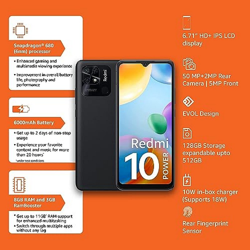 Xiaomi Redmi 10 Power (Power Black, 8GB RAM, 128GB Storage) Refurbished