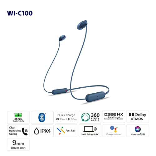 Sony WI-C100 Wireless Headphones with Customizable Equalizer for Deep Bass and 25 Hrs Battery Blue Sony WI-C100 Wireless Headphones with Customizable Equalizer for Deep Bass and 25 Hrs Battery Blue
