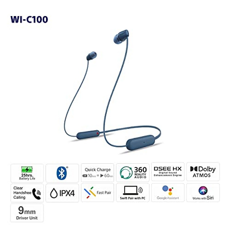 Sony WI-C100 Wireless Headphones with Customizable Equalizer for Deep Bass and 25 Hrs Battery Blue