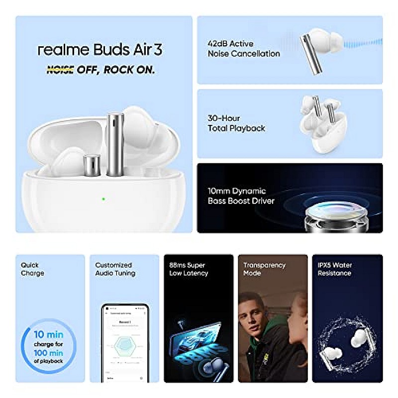 realme Buds Air 3 True Wireless in-Ear Earbuds with 42dB Active Noise Cancellation ANC Dual Device Galaxy White