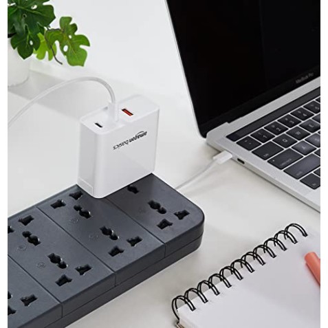 Amazon Basics High Power 65W Mobile/Laptop Charger Dual Port Output with Type-C Charging Cable (White)