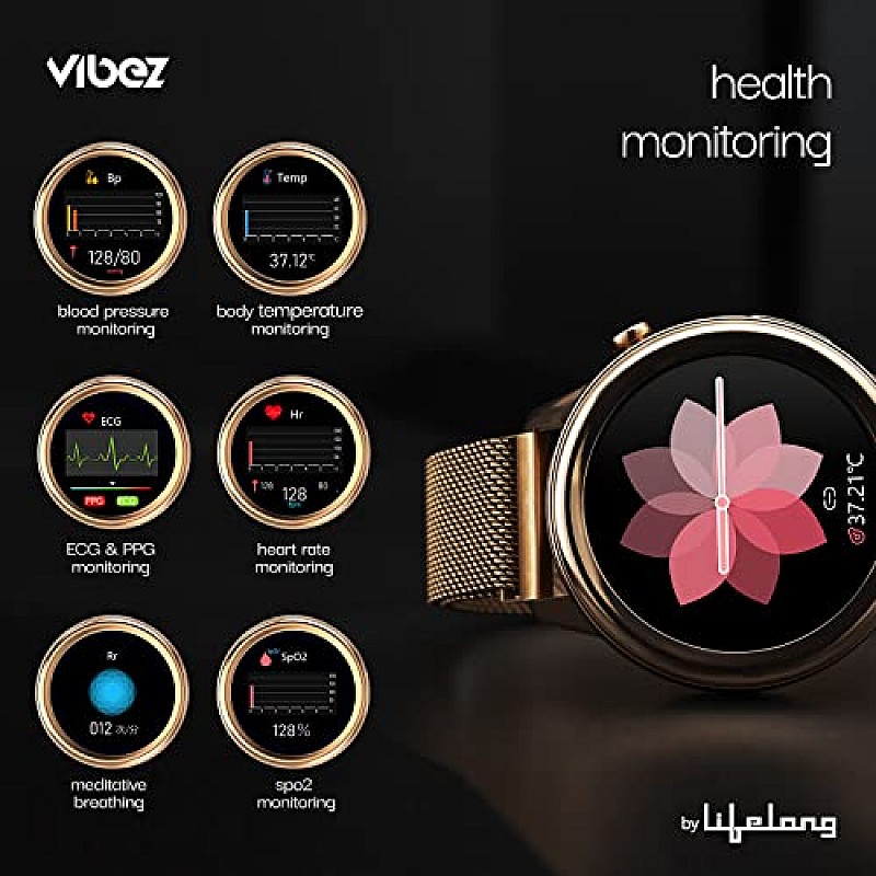 Vibez By Lifelong Xena SmartWatch For Women With Hd Display| Ecg+Ppg|Body Temprature (Gold)