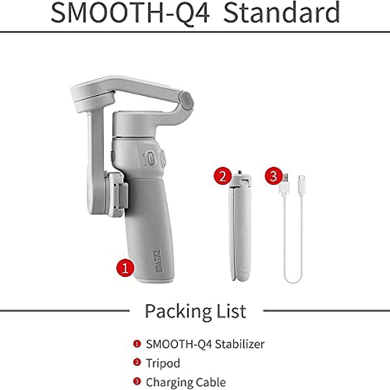 Zhiyun Smooth Q4 Combo Gimbal Stabilizer for Smartphone iPhone Android Gimbal w/Built-in Extension ,Grey