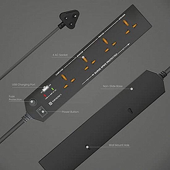 Portronics Power Plate 10 Extension Board with 4 Universal Sockets, 3 Meter Long Cord, 1500 Watts, 6 Amp Multi Plug for Office & Home Appliances (Black)