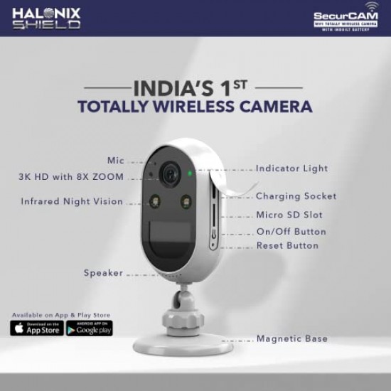 Halonix SecurCAM Totally Wireless 3MP 3K Pro HD Wi-Fi Smart Home Security Camera 