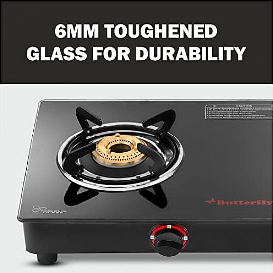 Butterfly Rapid 2 Burner Glass Top Gas Stove Auto Ignition Scratch Resistant Toughened Glass Black