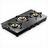 Butterfly Rapid 3 Burner Glass Top Gas Stove Auto Ignition Scratch Resistant Toughened Glass Brass Burners Black