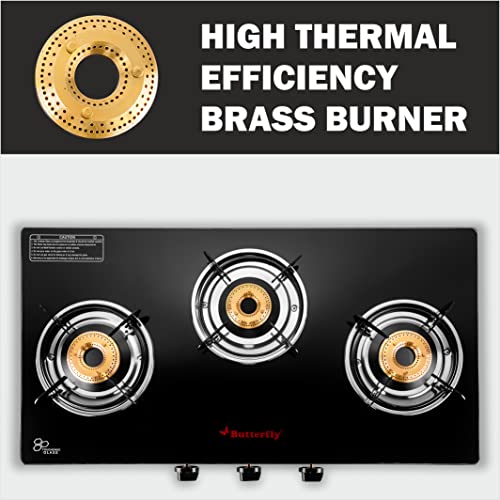 Butterfly Rapid 3 Burner Glass Top Gas Stove Auto Ignition Scratch Resistant Toughened Glass Brass Burners Black Butterfly Rapid 3 Burner Glass Top Gas Stove Auto Ignition Scratch Resistant Toughened Glass Brass Burners Black