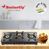 Butterfly Rapid 3 Burner Glass Top Gas Stove Auto Ignition Scratch Resistant Toughened Glass Brass Burners Black