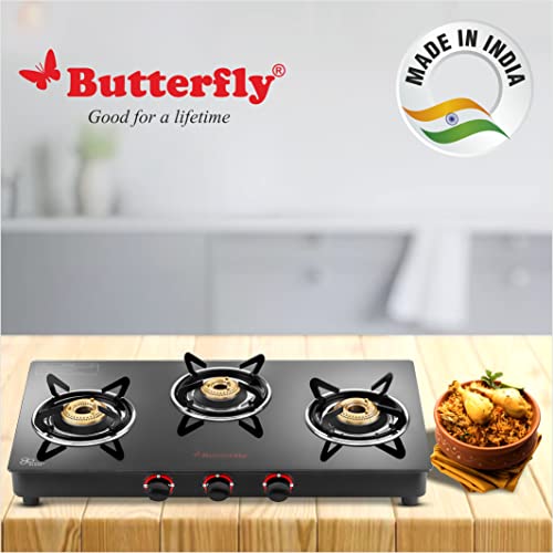 Butterfly Rapid 3 Burner Glass Top Gas Stove Auto Ignition Scratch Resistant Toughened Glass Brass Burners Black Butterfly Rapid 3 Burner Glass Top Gas Stove Auto Ignition Scratch Resistant Toughened Glass Brass Burners Black