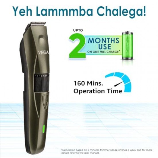 Vega P1 Battery Powered Beard Trimmer for Men with 160 Mins Runtime & 40 Length Settings, (VHTH-25) Green