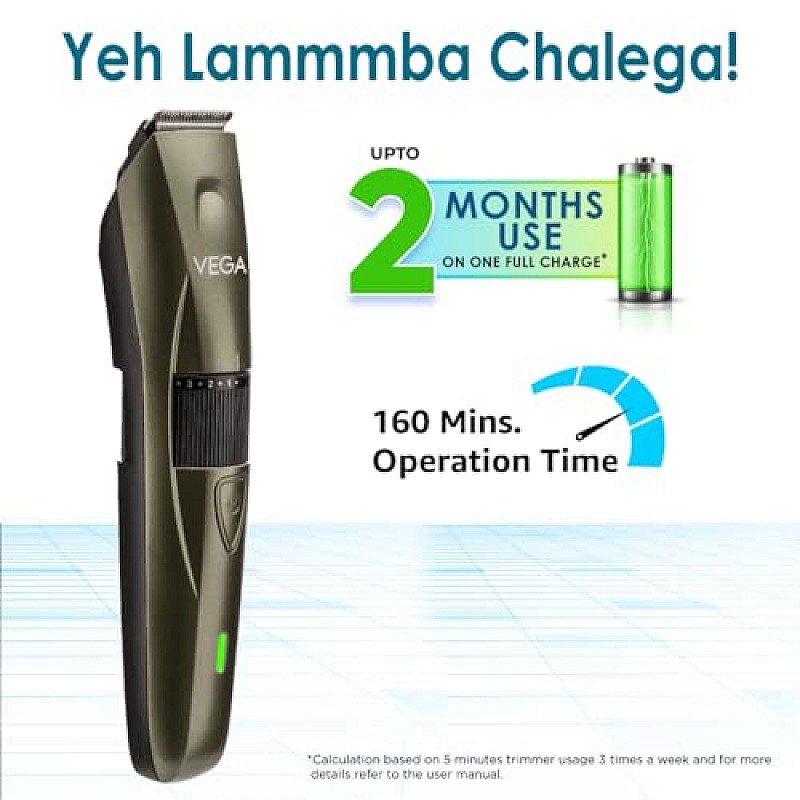 Vega P1 Battery Powered Beard Trimmer for Men with 160 Mins Runtime & 40 Length Settings, (VHTH-25) Green