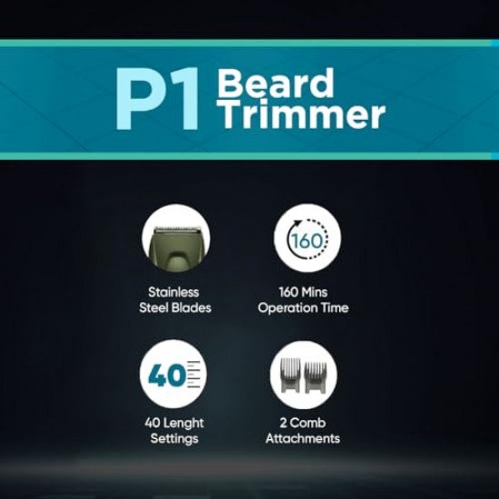 Vega P1 Battery Powered Beard Trimmer for Men with 160 Mins Runtime & 40 Length Settings, (VHTH-25) Green