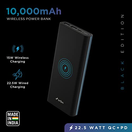URBN 10000 mAh 15W Li-Polymer Premium Black Edition Wireless Power Bank 22.5W Fast Charging Type C Power Delivery (Black)