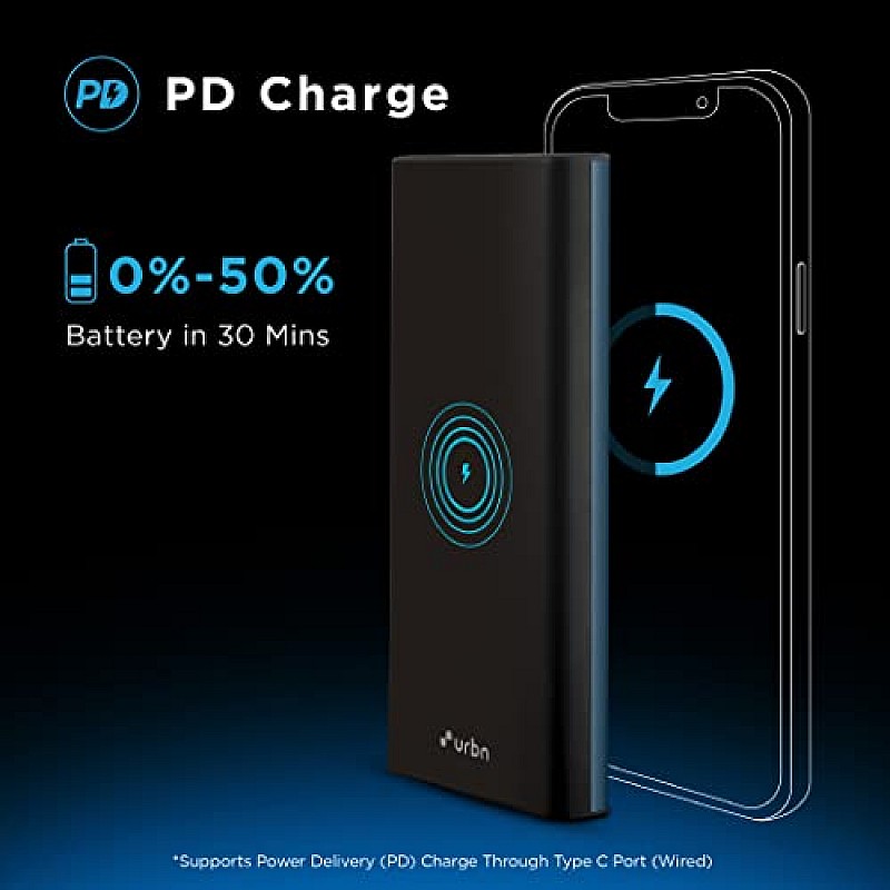 URBN 10000 mAh 15W Li-Polymer Premium Black Edition Wireless Power Bank 22.5W Fast Charging Type C Power Delivery (Black)