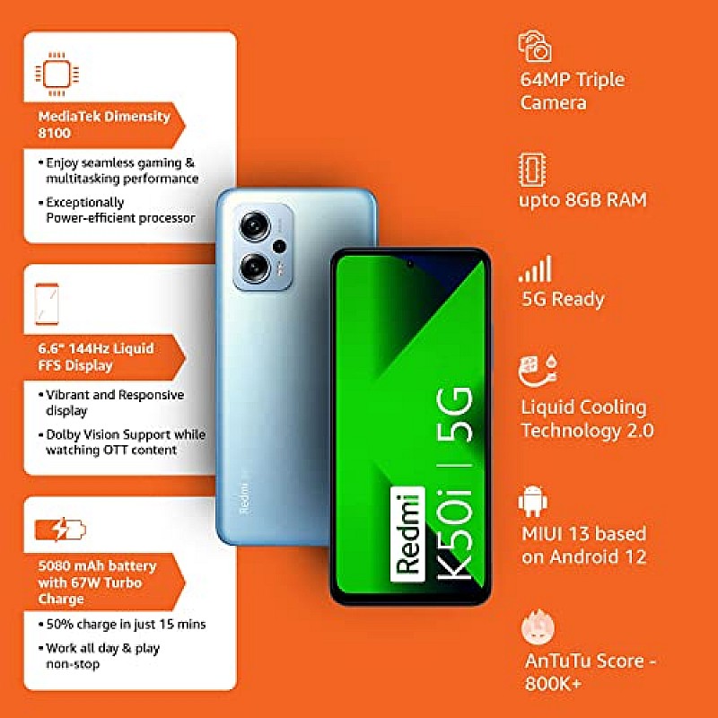 Redmi K50i 5G (Phantom Blue, 8GB RAM, 256GB Storage) Refurbished